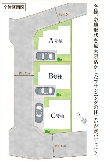 練馬区土支田3丁目 全3棟 C号棟の区画図|北側4公道×西側5ｍ公道×南側約6ｍ道路に面する
　角地を含む全3棟新築戸建て
　～光と風を享受する快適な立地～