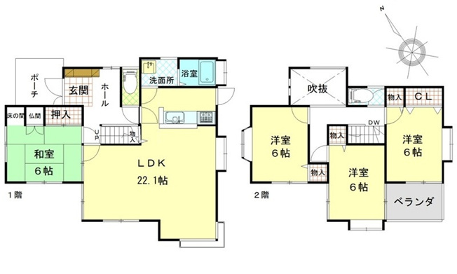 【間取り】 | 鈴張（ゆずりは団地）　内外装リフォーム済み４ＬＤＫ戸建て | 2025年８月　内外装リフォーム済み４ＬＤＫ戸建て　床下シロアリ防除工事済み　全室カーテンレース、照明器具つき　２２帖ひろびろＬＤＫ　水まわり新調済み　開放的な吹き抜け玄関