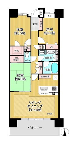 ビクトリアアネーロ大宮の間取り|◆和室1室・洋室2室◆床暖房完備◆対面式カウンターキッチン◆全居室収納あり