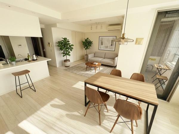 【居間・リビング】 | グランスイート岡本 | キッチンからリビングダイニングまで見渡せて、ご家族のコミュニケーションも取りやすい間取りです♪※CGにて家具等の配置をしております。なお家具等は販売価格には含まれておりません。