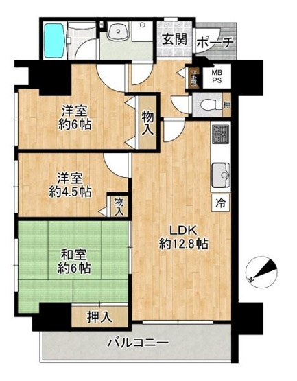 【間取り】 | ハーティ忍ケ丘　一番館　中古マンション | ■忍ケ丘駅徒歩1分の好立地です♪

■北西の角部屋につき日当たり通風良好です♪
数年前にキッチンリフォーム済でオール電化になります♪（IHクッキング）
