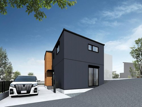 【自然と暮らす上菅田町】南東向きLDK×回遊動線×ZEH水準、家事ラク設備充実＋駐車2台の新築戸建ての外観パース|ブラックを基調とした外観に木目アクセントが映えるスタイリッシュなデザイン。シンプルながら存在感のある佇まいで、街並みに調和しつつ個性も感じられる一邸です。