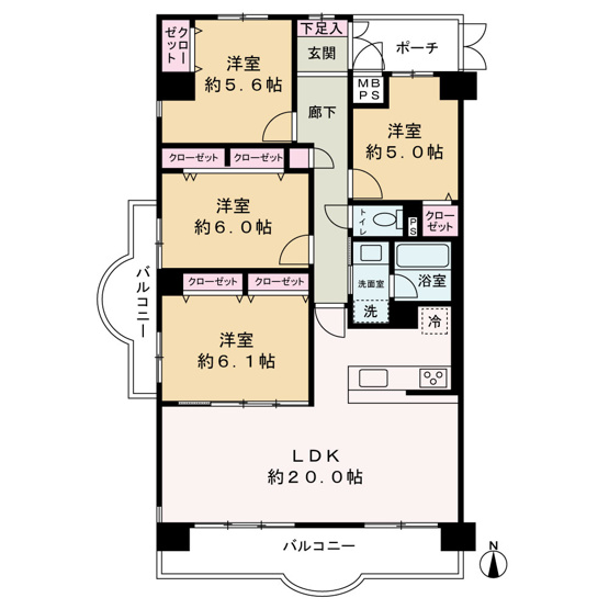 【間取り】 | ファミールハイツ城東A棟 | 中古マンション　4LDK　専有面積：93.52㎡（壁芯）　バルコニー面積：17.29㎡　南向き