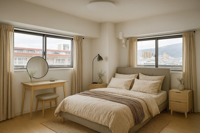 【Re Dream】プレミスト山科椥辻ザ・テラスの洋室|2面の窓から光が差し込む、明るく開放感のある主寝室。ベッドを置いてもゆとりがあります！
※本画像の家具・インテリアはCG合成です。実際とは異なります。

室内（2025年2月）撮影