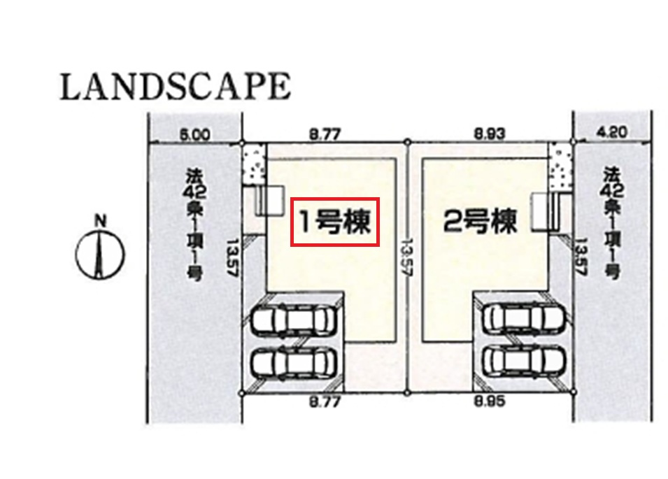 所沢市北秋津・全2棟　新築一戸建　1号棟の区画図|【全2棟・1号棟】
並列駐車2台可能です。