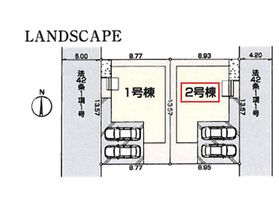 所沢市北秋津・全2棟　新築一戸建　2号棟の区画図|【全2棟・2号棟】
並列駐車2台可能です。