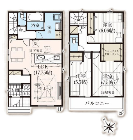 鴻巣市吹上本町　3期　新築一戸建て　グラファーレ　02の間取り|【全2棟・2号棟】鴻巣市吹上本町　3期　新築一戸建て　グラファーレ　02・3LDK・土地面積132.28m2・建物面積97.30m2
