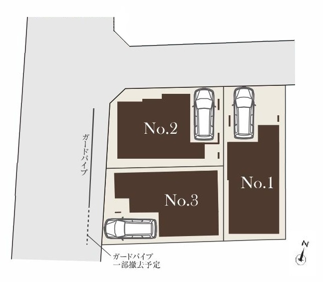 練馬区石神井台3丁目 全3棟 3号棟の区画図|土地面積79.00㎡ 西側約8.2ｍ公道×北側約4.0ｍに面する角地を含む全3棟です