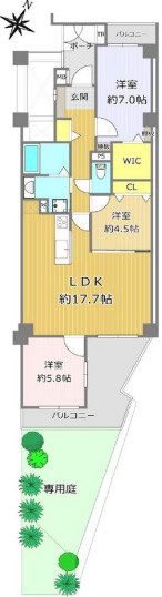 セレッソコート御影山手の間取り|約27㎡の広々専用庭付き