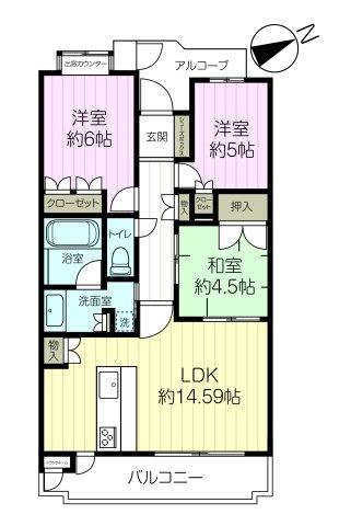 ネバーランド西宮の間取り|専有面積約64.38㎡、バルコニー面積約11.68㎡、3LDK