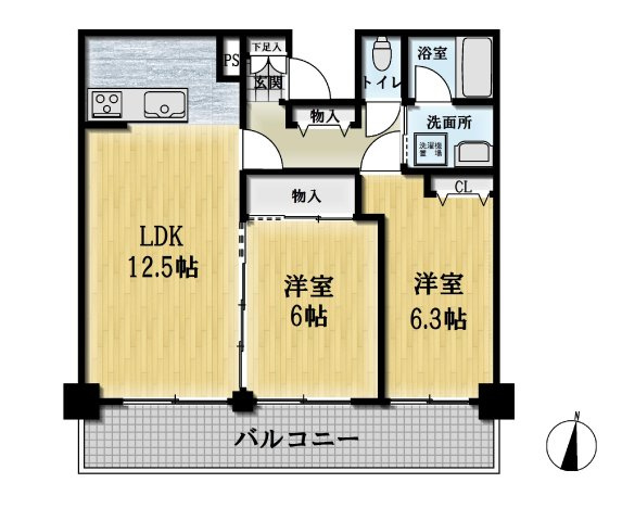 【間取り】 | ○●ダイアパレス湘南・虹ケ浜オーシャンビュー●○【オーナーチェンジ】 | 【2LDK】LDK12.5帖、洋室6.3帖・6帖