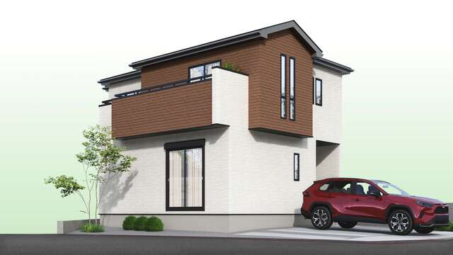 【南東角地で日当たり◎】高知市神田　新築一戸建ての外観パース|木目×モノトーンが映える、シンプルで飽きのこない外観デザインの家。