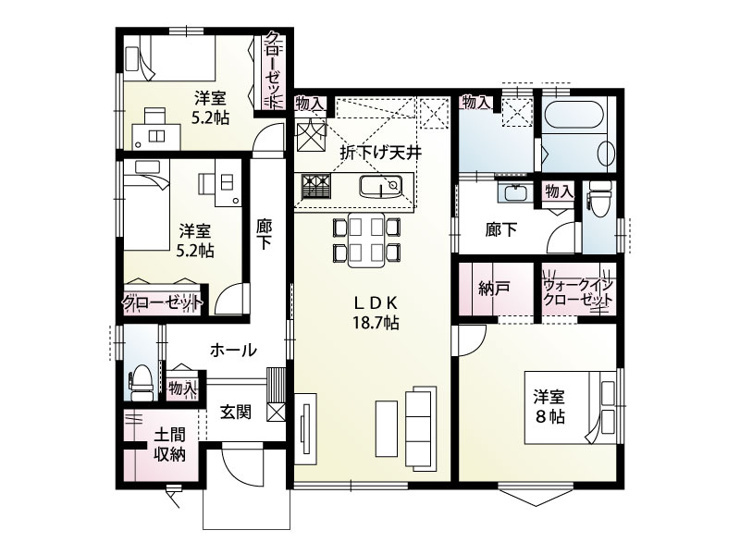 新築　高崎市金古町 全11区画　2号棟の間取り|建物面積29.56坪　キッチンはお洒落な折下げ天井！！