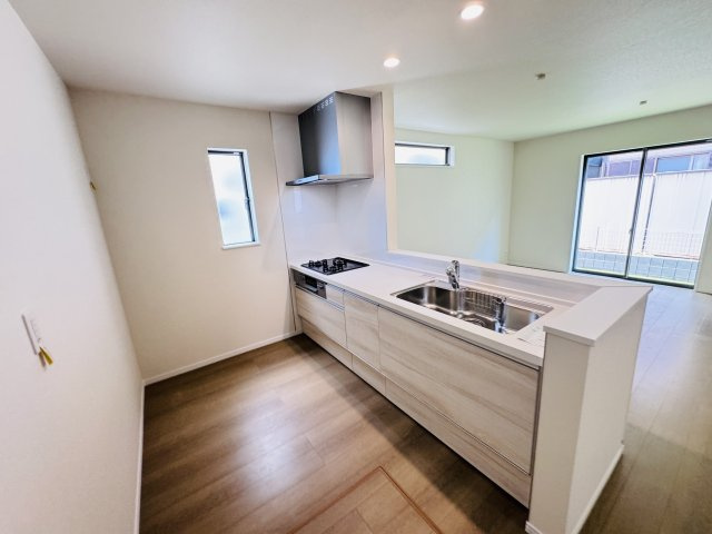 柏市藤心２丁目新築戸建のキッチン|お手入れしやすいレンジフード・シンクの水栓には浄水器がついてます！