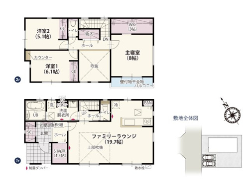 【間取り】 | リビングの大きな吹き抜けが印象的な家。LDKは約19帖（19.7帖）のゆとりがあるので自然光も入りやすい穏やかな空間。収納スペースもしっかり確保した暮らしに嬉しいプランです。