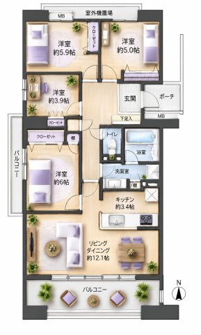 【間取り】 | レークヒルズ野多目2番館☆仲介手数料無料☆ | ※本図に表示されている家具・家電・照明・インテリア・観葉植物等は、AIによる配置イメージです。実際には設置されておらず、売買対象にも含まれません。図面と現況が相違する場合は、現況を優先いたします。