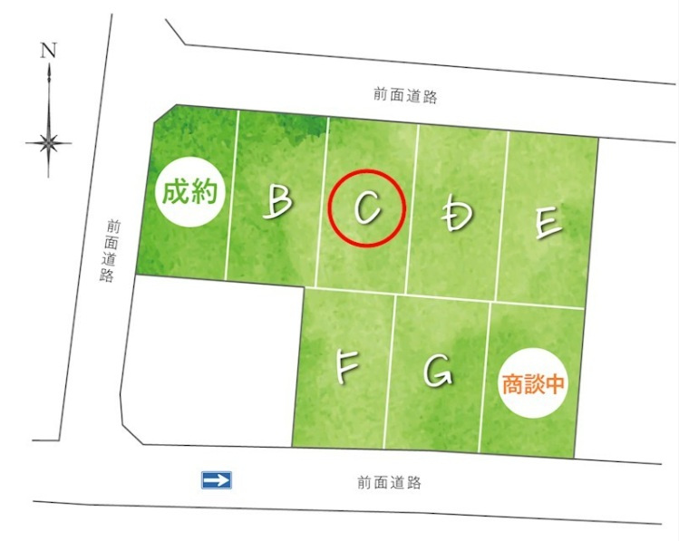 高そね　C号地　建築条件付　売土地　【全8区画】の区画図|C号地　
※区画図は計画図のため、実際と異なる場合があります。