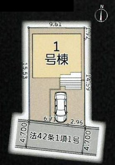 【区画図】 | 茅ヶ崎市下寺尾  1号棟 | 南道路　南側約4.7ｍ公道　駐車並列2台（車種によります）　敷地面積46.4坪