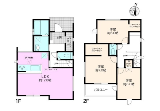 高知市福井東町3期2棟　1号棟新築戸建ての間取り|ゆとりある17帖以上のＬＤＫ！全居室6帖以上＋WIC2ヶ所完備。玄関には、シューズインクロークもあり収納充実！