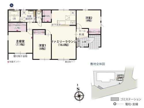 【間取り】 | 洗面脱衣所から物干金物まで直線的な動線が嬉しい平屋プラン。キッチンには広めのパントリーがついているので、食器の他にもたくさんしまえる便利な収納スペースです♪