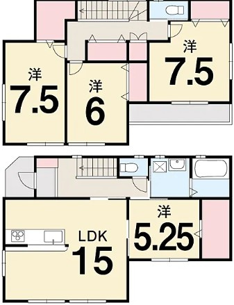 高知市朝倉丙A号地 新築一戸建ての間取り|15帖LDKと1階洋室で使い勝手の良い間取り。2階の広々3部屋で、家族それぞれの時間を大切にできます