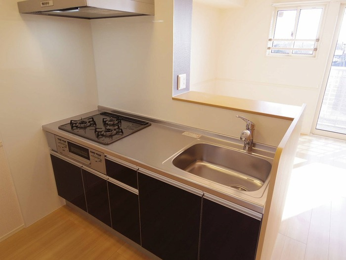 コトー・シェソワ 1のキッチン|対面式システムキッチン(3口ｶﾞｽｺﾝﾛ,ｸﾞﾘﾙ付）(浄水器対応型水栓)