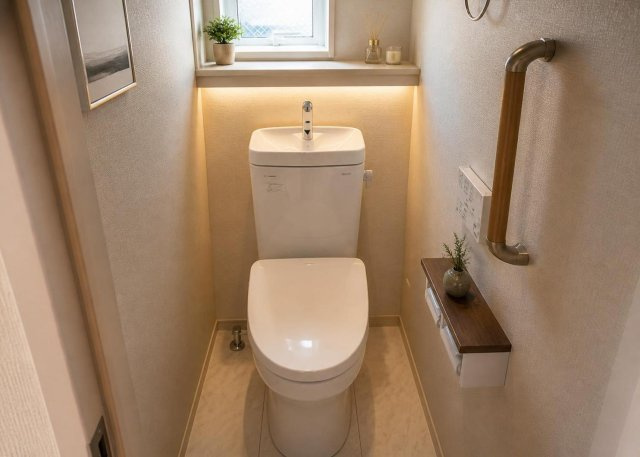 【トイレ】 | 清潔感あふれるトイレは1階と2階の合計2ヶ所に設置されています。温水洗浄便座を完備しており、朝の慌ただしい時間帯でも家族で取り合いにならず快適に使用可能です。小窓から換気も行えて衛生的です。