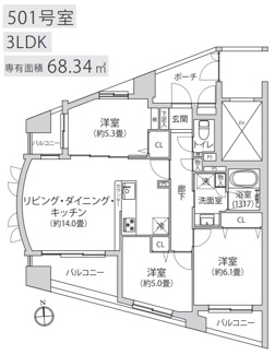 【間取り】 | 【仲介手数料無料！！】日神パレステージ聖蹟桜ヶ丘　5階　4199万円 | 501号室　3LDK　専有面積：68.34㎡　バルコニー：12.4㎡