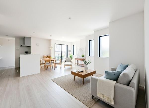 横浜市旭区白根６丁目の新築一戸建の居間・リビング|自慢したくなるリビング！
形も良く家具の配置にも困りません。
※家具等はＣＧでの参考レイアウトです。