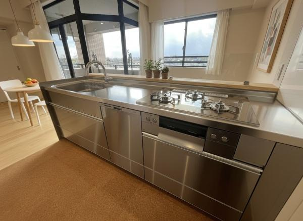 クオス宮崎台のキッチン|キッチンスペースは広々しており、調理の効率が上がる３口コンロに、食洗器もついており、家事もはかどります♪※CGにて家具等の配置をしております。なお家具等は販売価格には含まれておりません。
