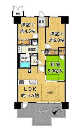 【間取り】 | グランドパレス堺七道 | 専有面積:64.20
平米　バルコニー面積:13.30平米　間取り:3LDK