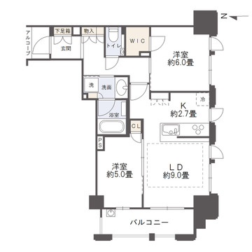 クレアホームズ松山大街道の間取り|南西角部屋・2LDK・54.51㎡