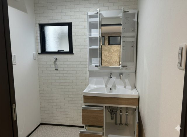 西陵2の家　鹿児島県鹿児島市西陵5丁目1-20の独立洗面台|三面鏡付洗面化粧台は鏡の扉を開けると豊富な収納スペース！小物や化粧品を整理しやすいです。