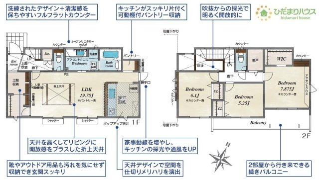 【間取り】 | 土浦市小岩田東2丁目6期　新築戸建　1号棟 | 土間の玄関シューズクロークならアウトドア用品やベビーカーも土汚れを気にせずスッキリ収納できます！
（1号棟）