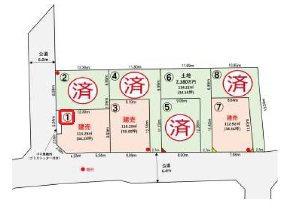 入間市下藤沢2丁目・全8棟　新築一戸建　1号棟の区画図|【全8棟・1号棟】土地面積113.29平米（約34.27坪）