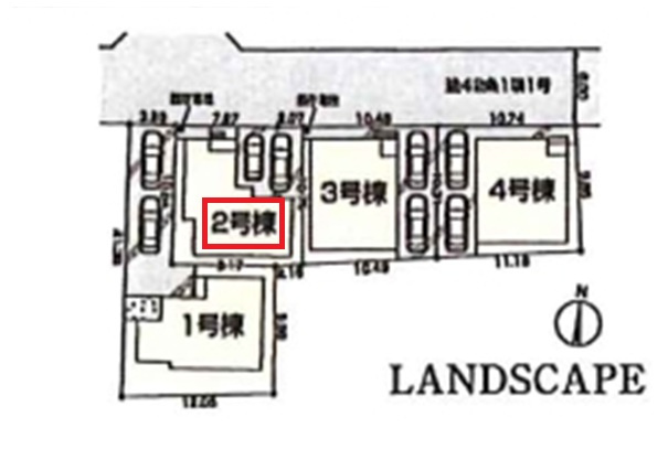 所沢市上安松・全4棟　新築一戸建　2号棟の区画図|【全4棟・2号棟】
並列駐車2台可能です。(車種制限あり)