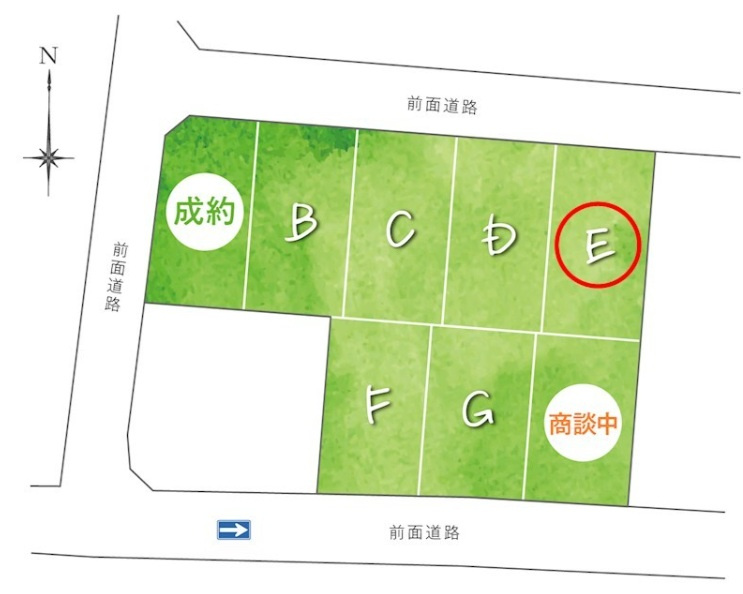高そね　E号地　建築条件付　売土地　【全8区画】の区画図|E号地　
※区画図は計画図のため、実際と異なる場合があります。