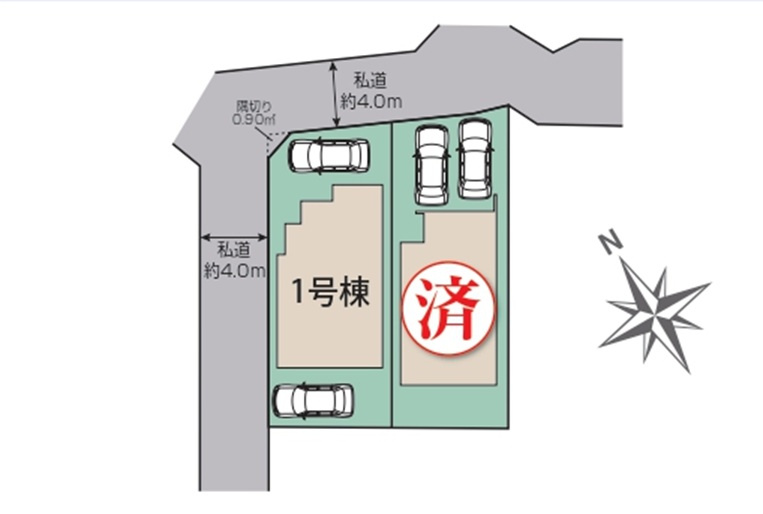 東村山市恩多町5丁目・全2棟　新築一戸建　1号棟の区画図|【全2棟・1号棟】駐車2台可、日当たり・通風良好な北西角地です。