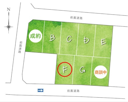 高そね　F号地　建築条件付　売土地　【全8区画】の区画図|F号地　
※区画図は計画図のため、実際と異なる場合があります。