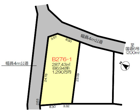 東大和田町土地（角地）10年特例の土地図|土地は圧迫感のない角地です。建築条件もなく、お好きなハウスメーカーで建築できます。