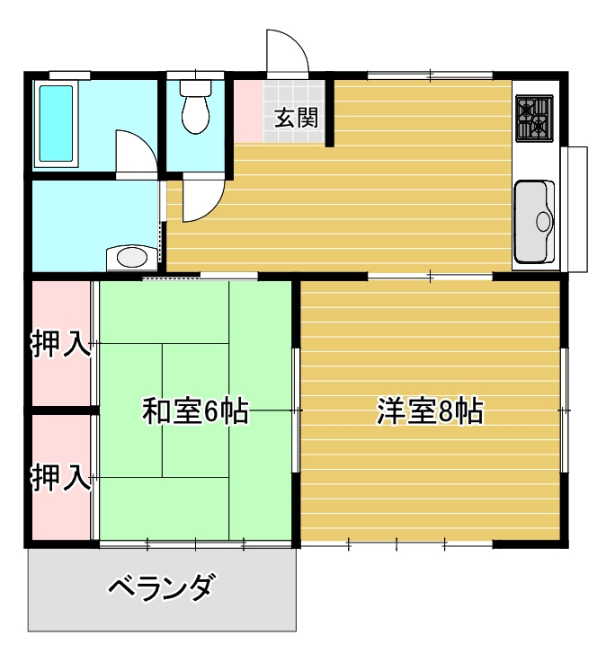 商談中　海と小室山を望む　利便性の良い川奈ロイヤルハイムの間取り|お風呂・トイレ別　2DKの間取り