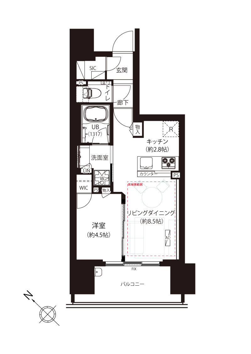 シティハウス中目黒レジデンスの間取り|シティハウス中目黒レジデンス：最上階・南西向きにつき陽当り・眺望良好な１ＬＤＫ床暖房・エアコン付きリフォーム物件は住設備充実のお部屋となっております！