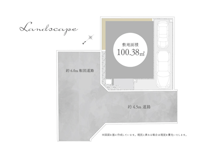 【区画図】 | トラストステージ　新座市野火止6丁目53期　限定1棟 | 6ｍ道路×4.5ｍ道路の角地ため開放感のある立地です！
カースペース2台分あり（うち1台は軽自動車対応）