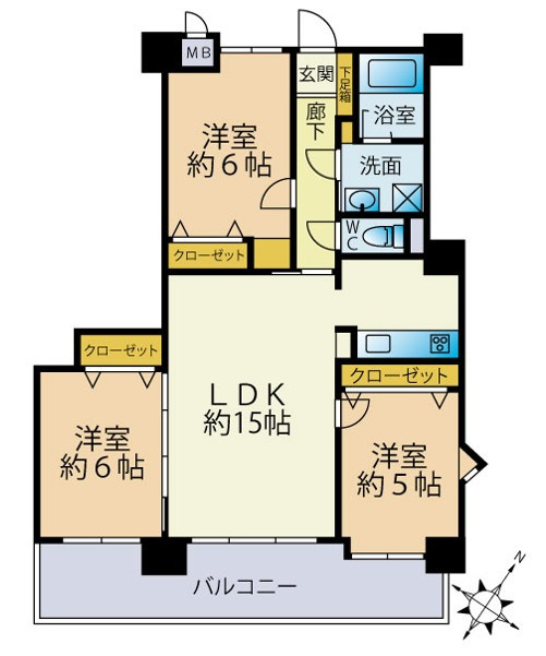 モントーレ周船寺の間取り|〇3LDK、価格2599万円、専有面積69.26㎡、バルコニー面積12.48㎡
