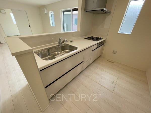 前橋市三河町2丁目24-1期1号棟のキッチン|シンクも大きく洗い物もしやすい浄水器付。シャワーヘッドは引き出し可能、シンクの隅々まで洗い流せます。