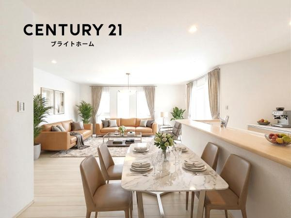 横浜市泉区新橋町の新築一戸建の居間・リビング|窓からは明るい光が差し込みます！
電気をつけなくても明るいです。
※家具等はＣＧでの参考レイアウトです。
