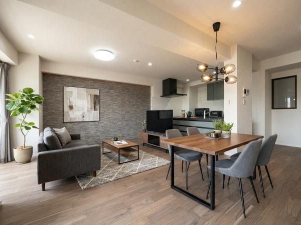 【居間・リビング】 | 二子玉川宝ロイアルハイツ | みんなが集うLDKはあたたかい日差しが入り込み、自然と楽しい会話が弾む幸せな空間に♪
※CGにて、家具等の配置をしております。なお家具等は販売価格には含まれておりません。