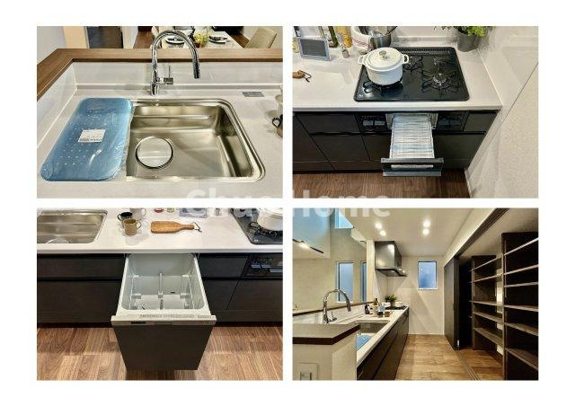 葛飾区東立石1丁目新築分譲住宅のキッチン|【システムキッチン】ワイドで収納豊富な使い勝手の良いカウンターキッチンには、食洗器・伸縮タイプのキッチン水栓、三ツ口コンロ・魚焼きグリルなどの便利な設備が標準完備されています。