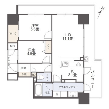 アルファステイツ住吉の間取り|角住戸の為、L字型のバルコニーで採光面が多く、明るい住環境です。