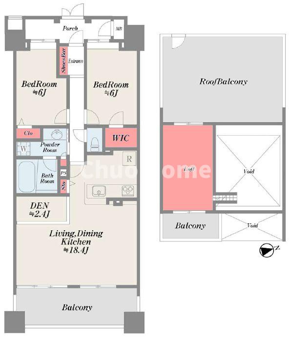 コスモ木場キャナルブリーズの間取り|最上階（14階）南東向きにつきまして日当り・通風・眺望良好・2LDK+書斎+ウォークインクローゼット+ロフト+ルーフバルコニー